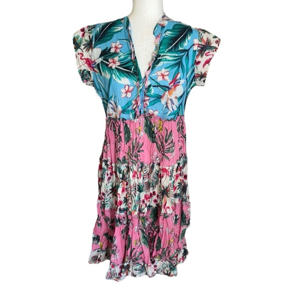 Lulalife Tropical Floral Flamingo Print Ruffle Babydoll Mini Dress - S